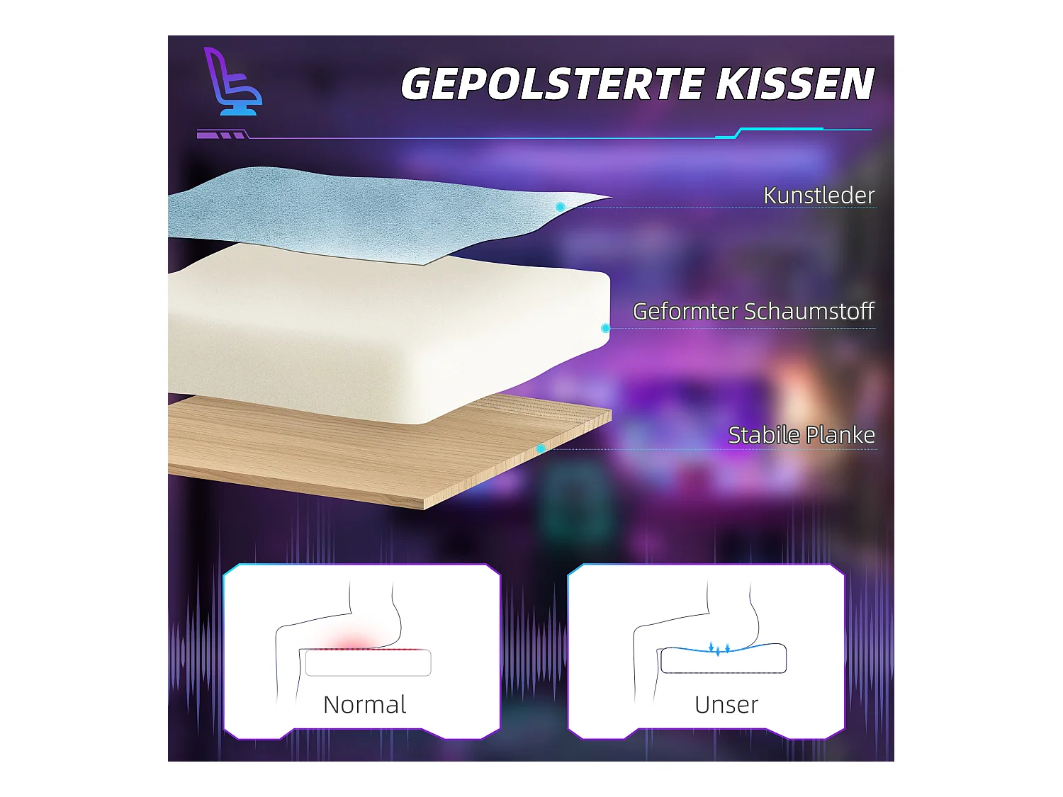 Chaise de bureau ergonomique avec fonction inclinable, cuir synthétique, bleu (74x73x129 cm)