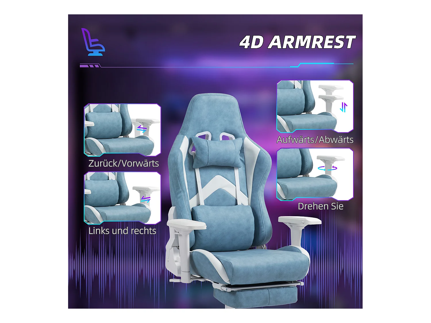 Chaise de bureau ergonomique avec fonction inclinable, cuir synthétique, bleu (74x73x129 cm)