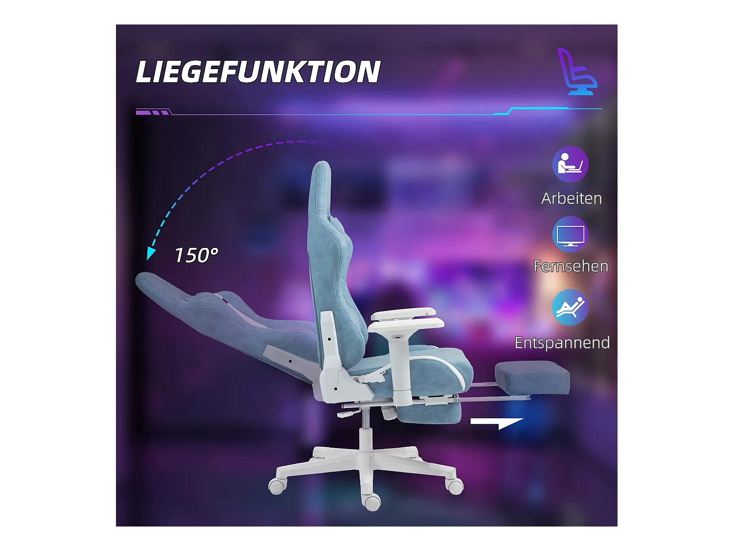 Chaise de bureau ergonomique avec fonction inclinable, cuir synthétique, bleu (74x73x129 cm)