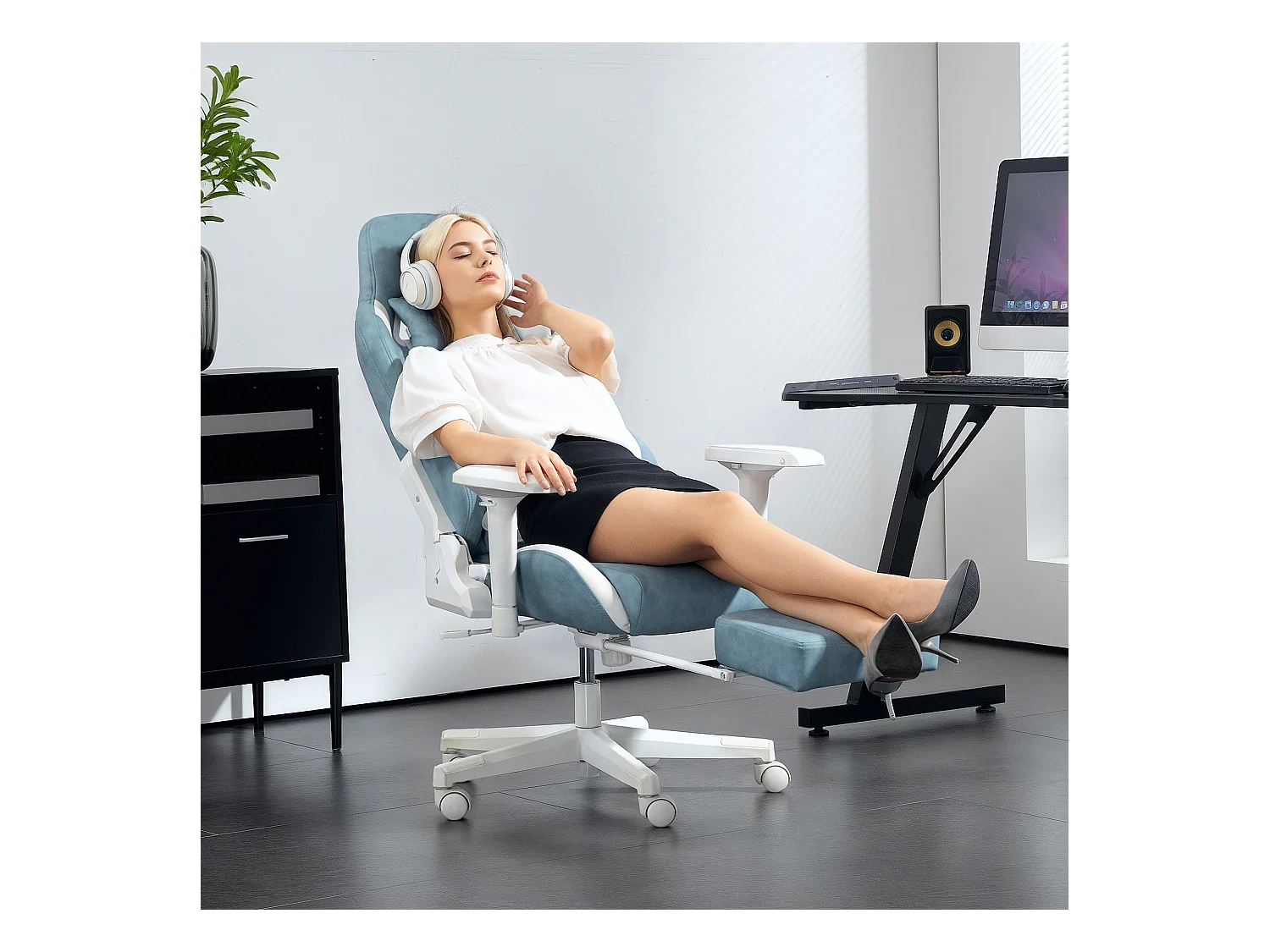 Chaise de bureau ergonomique avec fonction inclinable, cuir synthétique, bleu (74x73x129 cm)