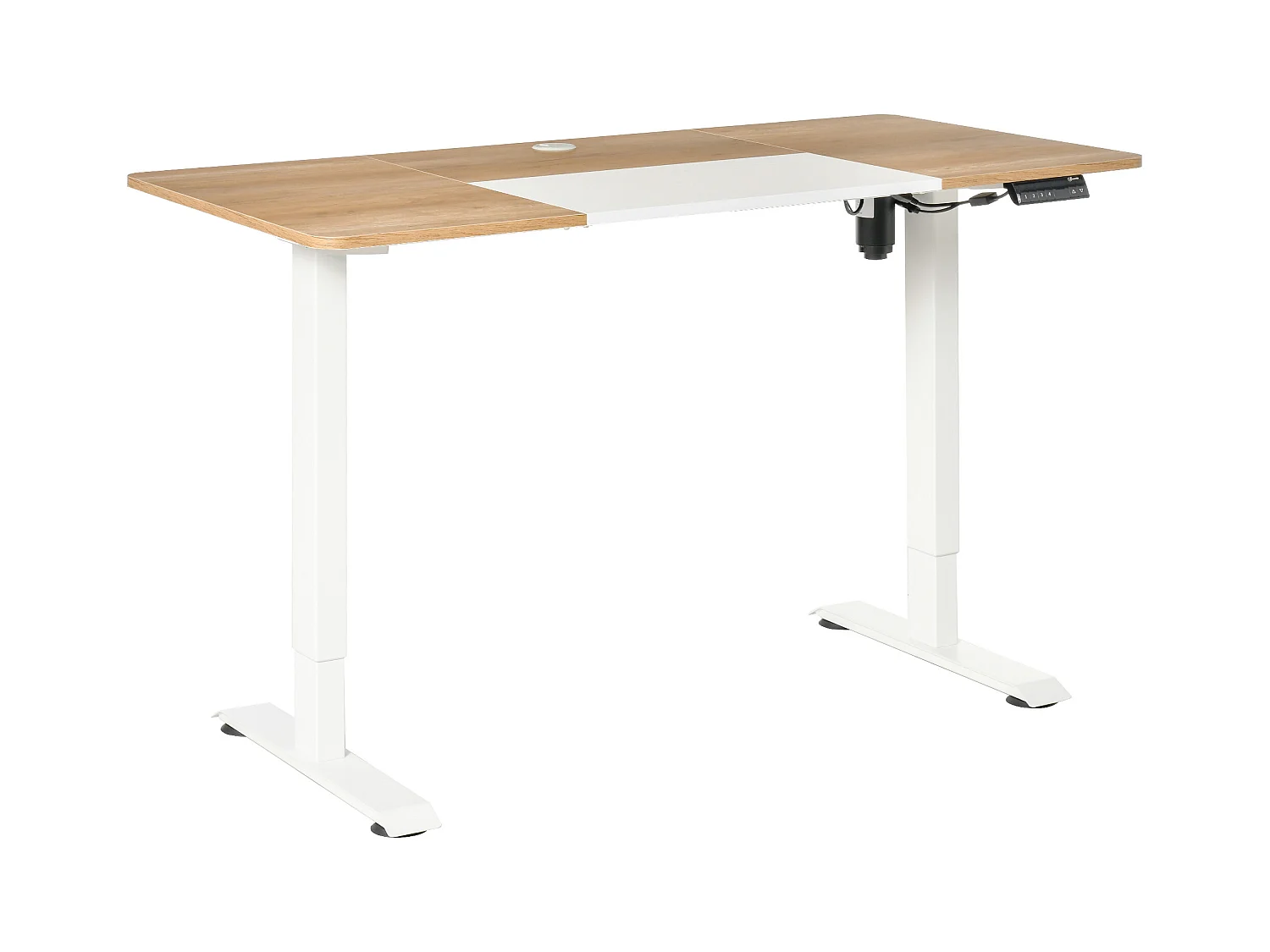 Bureau électrique réglable en hauteur, cadre métal, blanc et bois naturel (140x70x72-116cm)