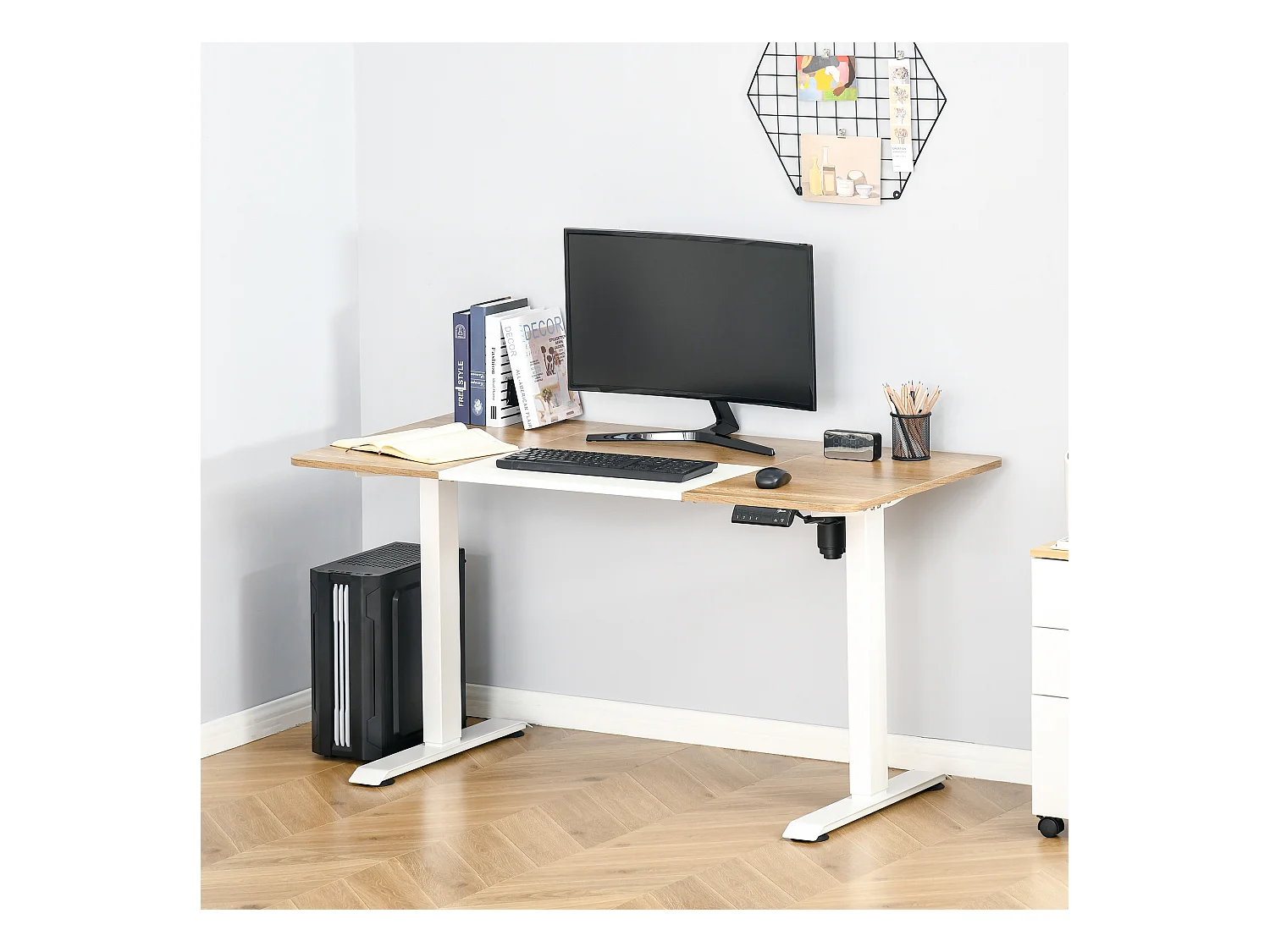 Bureau électrique réglable en hauteur, cadre métal, blanc et bois naturel (140x70x72-116cm)