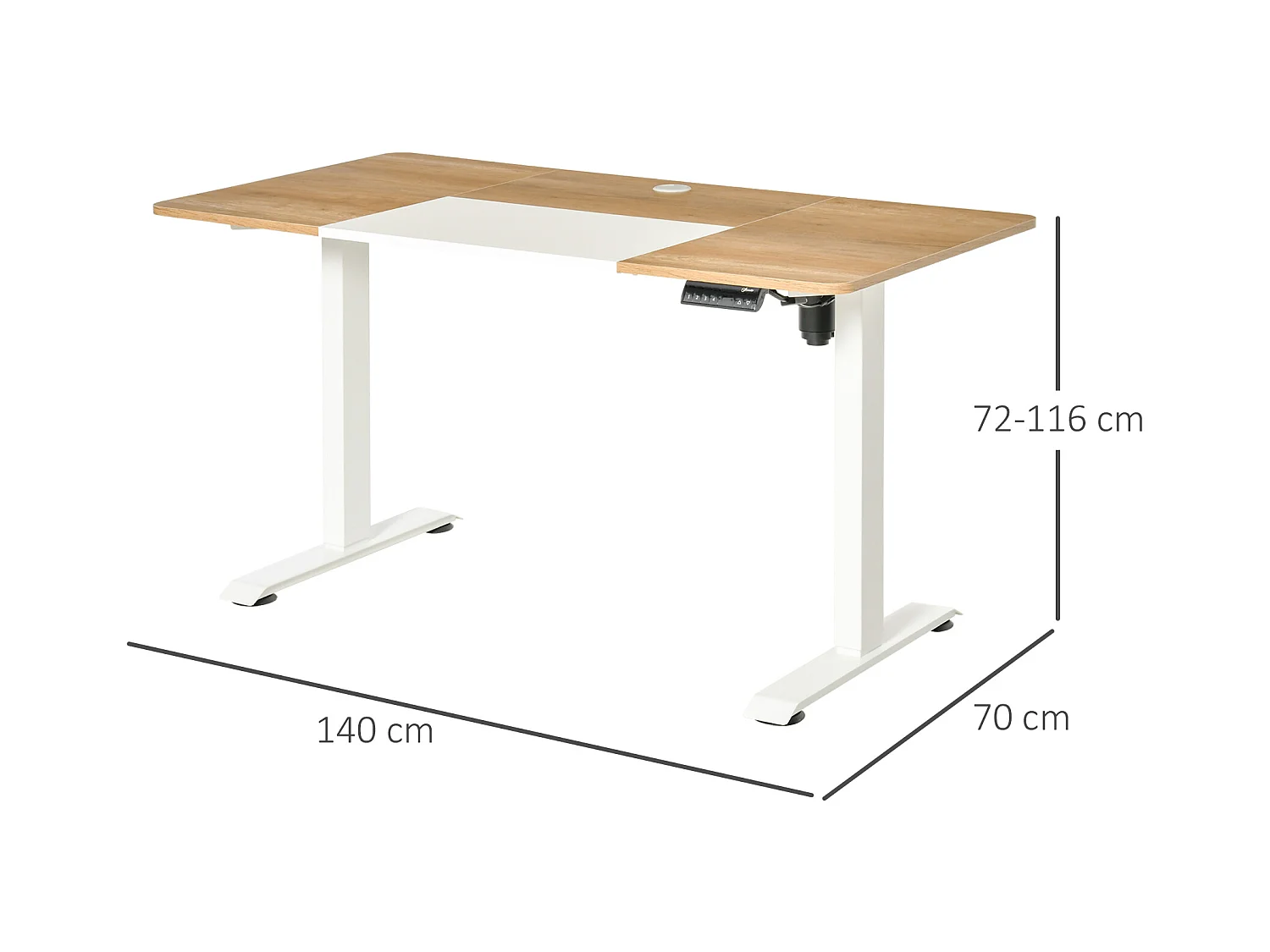 Bureau électrique réglable en hauteur, cadre métal, blanc et bois naturel (140x70x72-116cm)