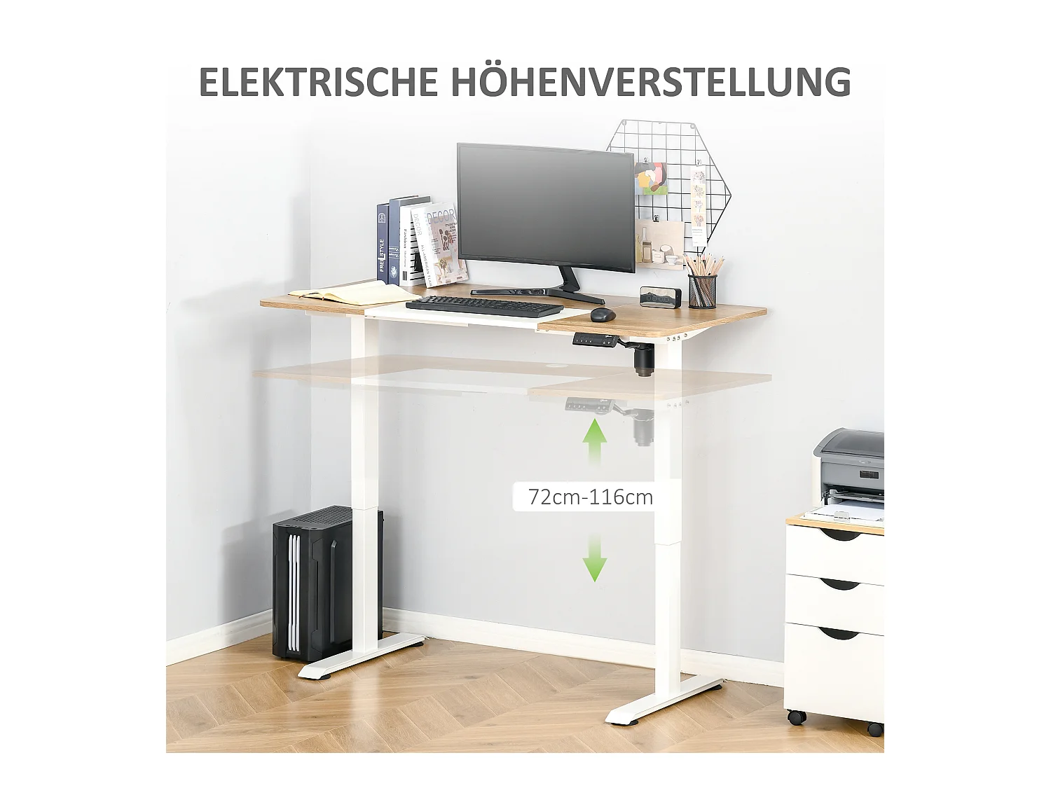 Bureau électrique réglable en hauteur, cadre métal, blanc et bois naturel (140x70x72-116cm)