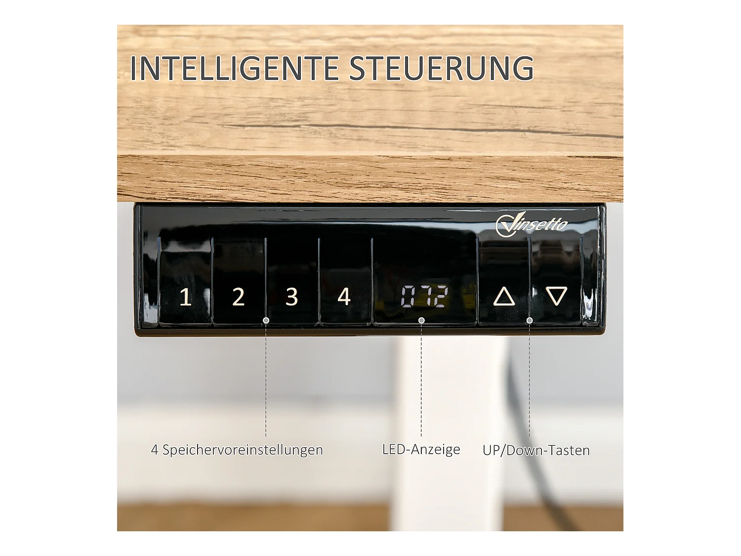 Bureau électrique réglable en hauteur, cadre métal, blanc et bois naturel (140x70x72-116cm)