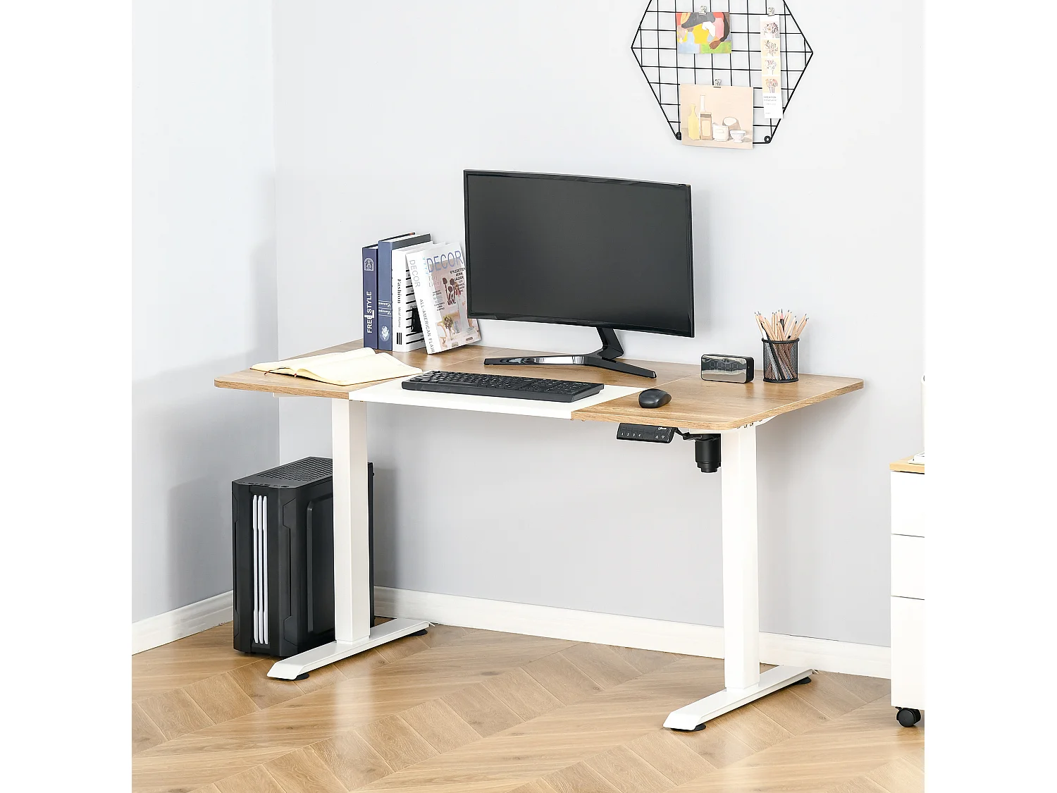 Bureau électrique réglable en hauteur, cadre métal, blanc et bois naturel (140x70x72-116cm)