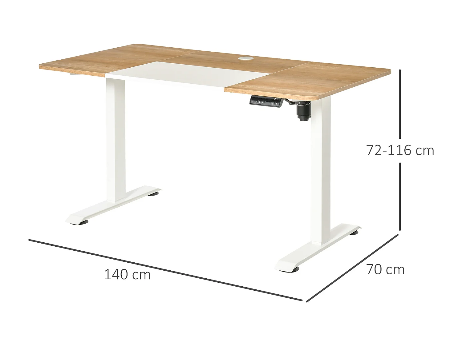Bureau électrique réglable en hauteur, cadre métal, blanc et bois naturel (140x70x72-116cm)