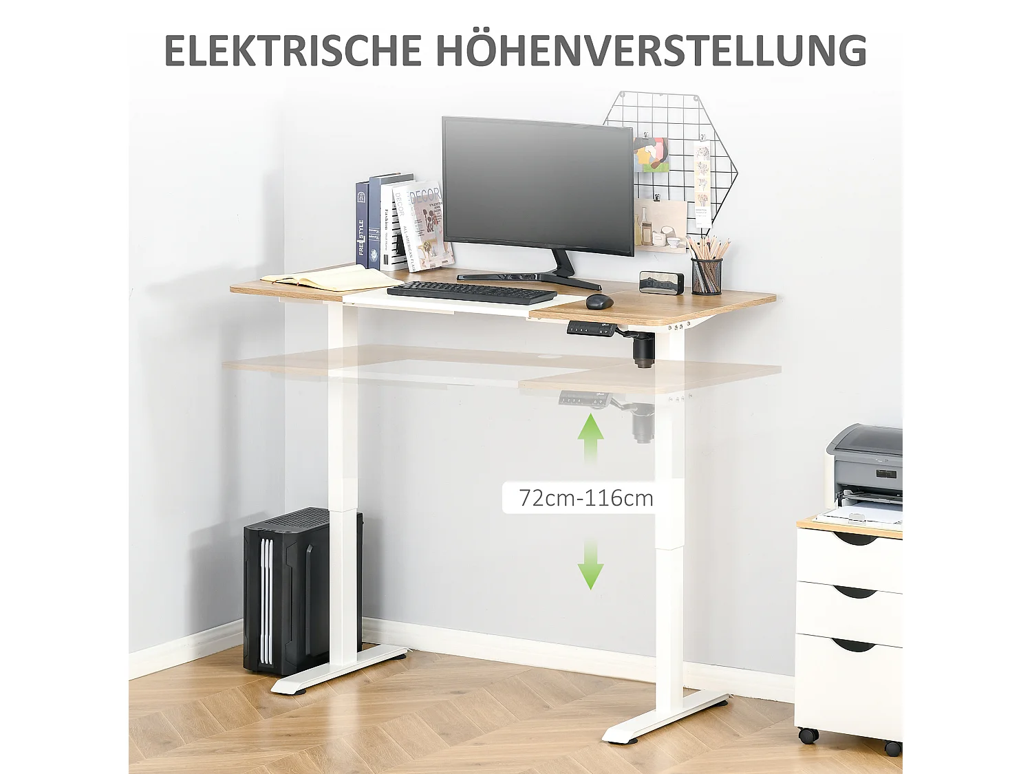 Bureau électrique réglable en hauteur, cadre métal, blanc et bois naturel (140x70x72-116cm)