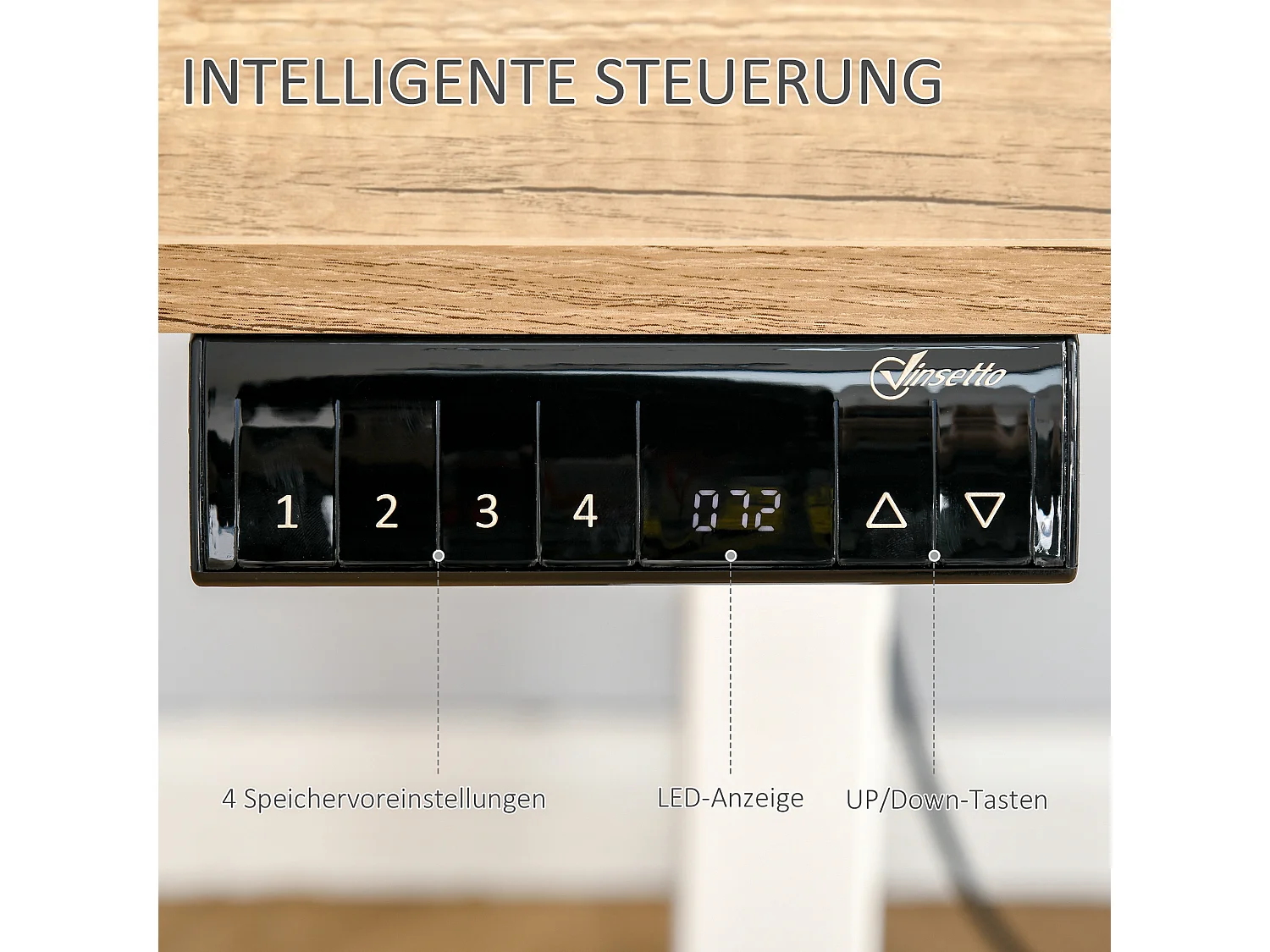 Bureau électrique réglable en hauteur, cadre métal, blanc et bois naturel (140x70x72-116cm)