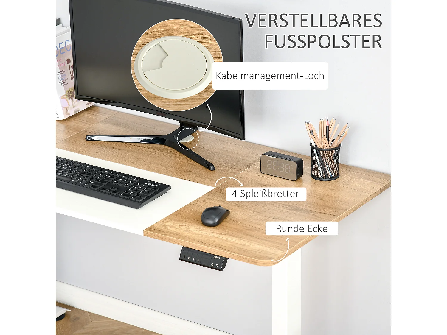 Bureau électrique réglable en hauteur, cadre métal, blanc et bois naturel (140x70x72-116cm)