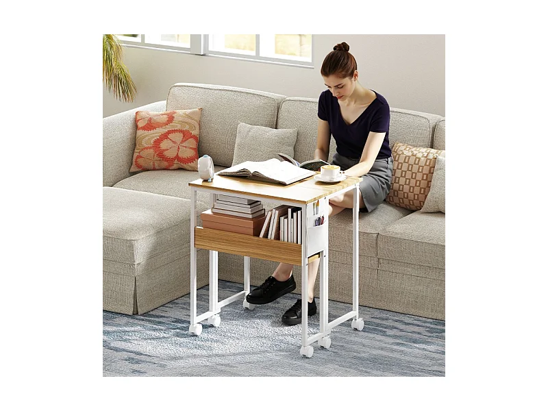 Opvouwbaar bureau, compact design, hout, naturel, met plank en wielen (63x50x75 cm)