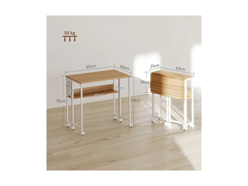 Opvouwbaar bureau, compact design, hout, naturel, met plank en wielen (63x50x75 cm)