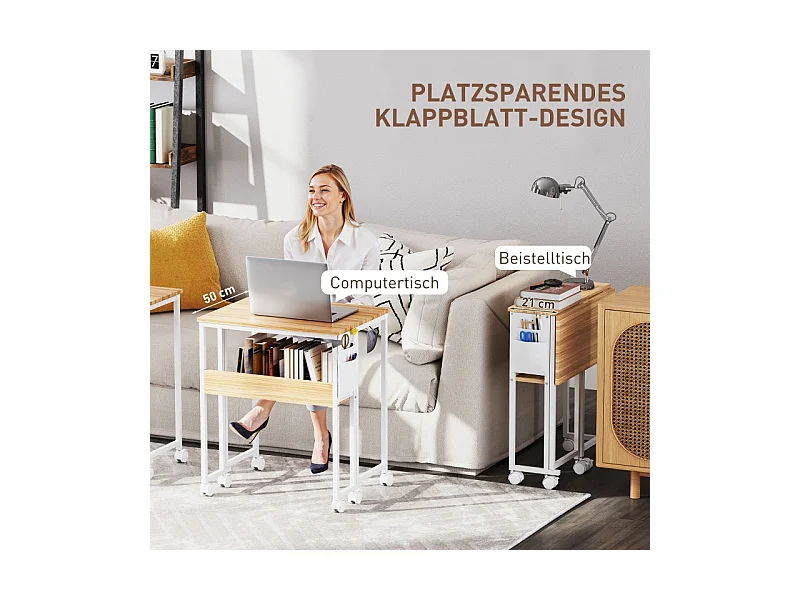 Opvouwbaar bureau, compact design, hout, naturel, met plank en wielen (63x50x75 cm)