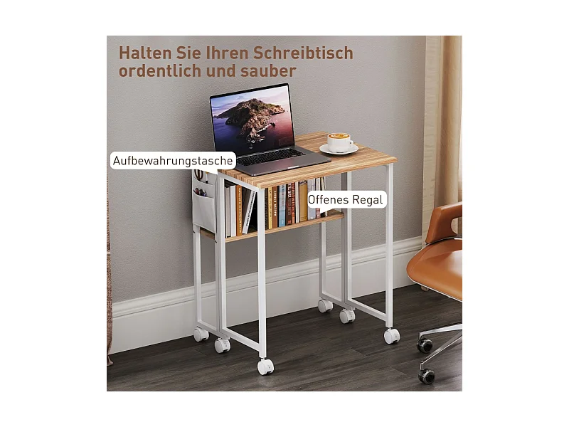 Opvouwbaar bureau, compact design, hout, naturel, met plank en wielen (63x50x75 cm)