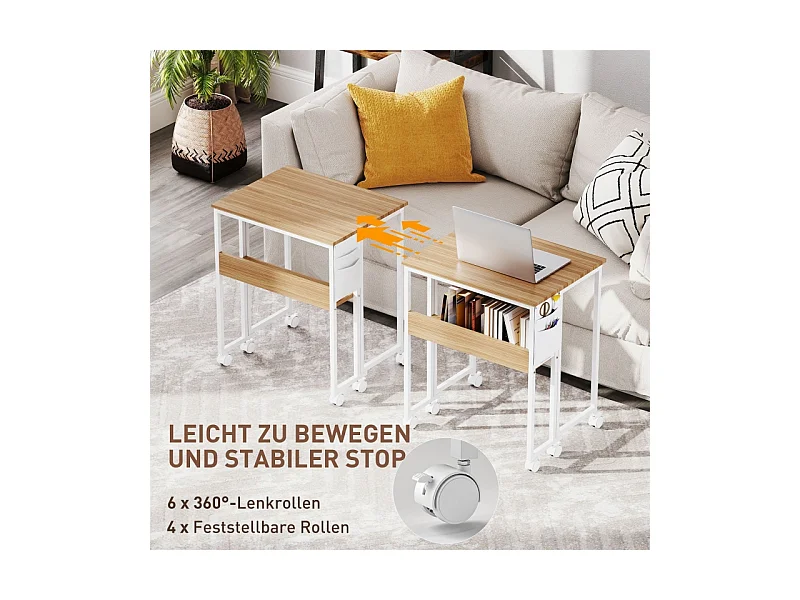 Opvouwbaar bureau, compact design, hout, naturel, met plank en wielen (63x50x75 cm)