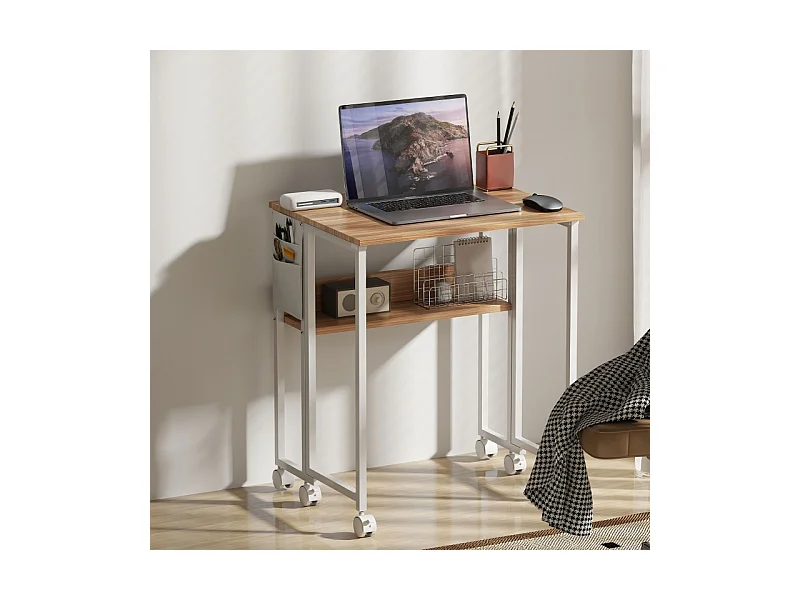 Opvouwbaar bureau, compact design, hout, naturel, met plank en wielen (63x50x75 cm)