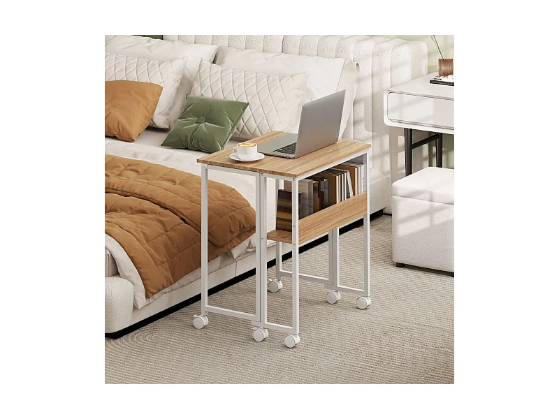 Opvouwbaar bureau, compact design, hout, naturel, met plank en wielen (63x50x75 cm)