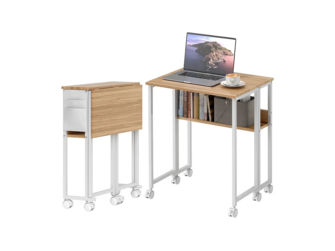 Bureau pliant, design compact, bois, naturel, avec étagère et roulettes (63x50x75 cm)