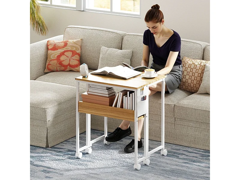 Bureau pliant, design compact, bois, naturel, avec étagère et roulettes (63x50x75 cm)