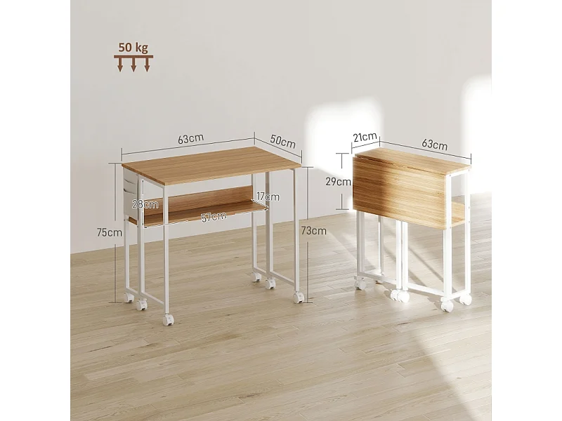Bureau pliant, design compact, bois, naturel, avec étagère et roulettes (63x50x75 cm)