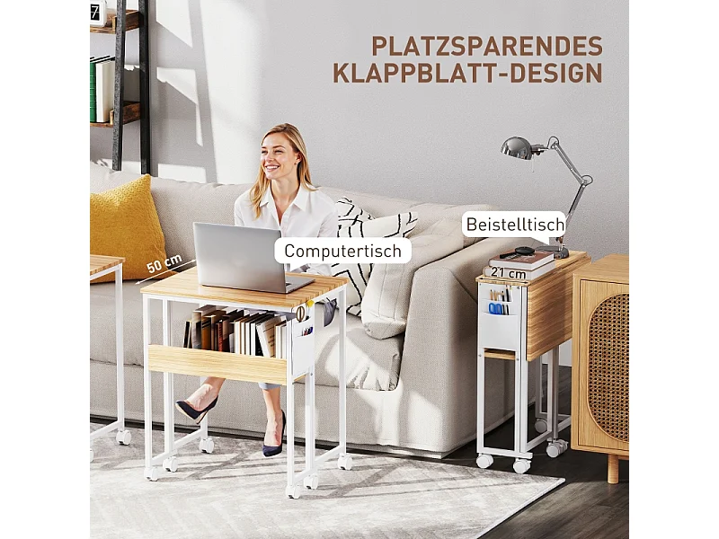 Bureau pliant, design compact, bois, naturel, avec étagère et roulettes (63x50x75 cm)