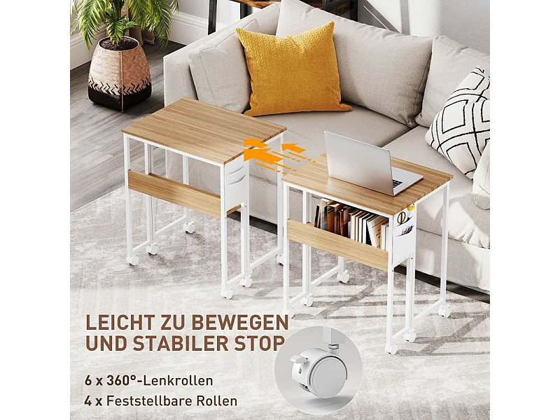 Bureau pliant, design compact, bois, naturel, avec étagère et roulettes (63x50x75 cm)