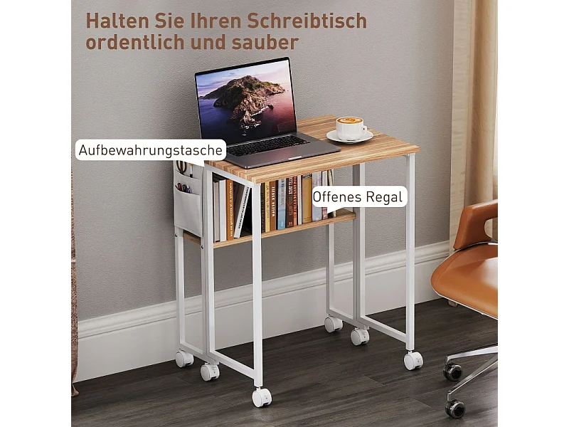 Bureau pliant, design compact, bois, naturel, avec étagère et roulettes (63x50x75 cm)