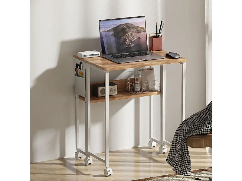 Bureau pliant, design compact, bois, naturel, avec étagère et roulettes (63x50x75 cm)