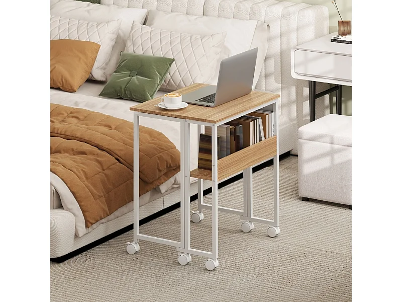 Bureau pliant, design compact, bois, naturel, avec étagère et roulettes (63x50x75 cm)