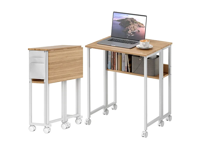 Bureau pliant, design compact, bois, naturel, avec étagère et roulettes (63x50x75 cm)