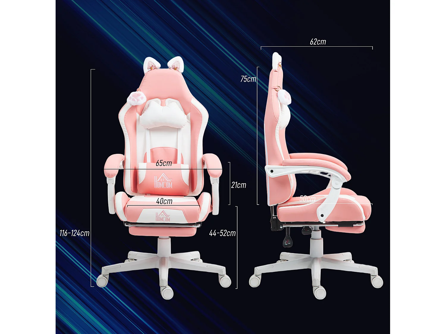 Chaise de gaming ergonomique avec soutien lombaire, repose-pieds, oreilles de chat, ajustable, cuir artificiel, rose (65x62x124 cm)