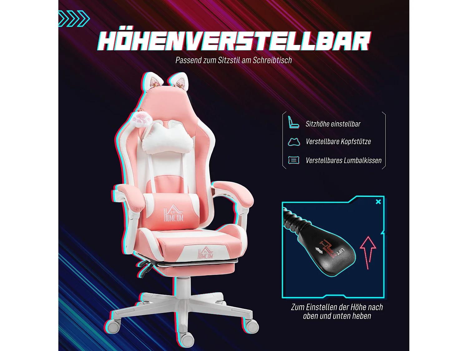 Chaise de gaming ergonomique avec soutien lombaire, repose-pieds, oreilles de chat, ajustable, cuir artificiel, rose (65x62x124 cm)