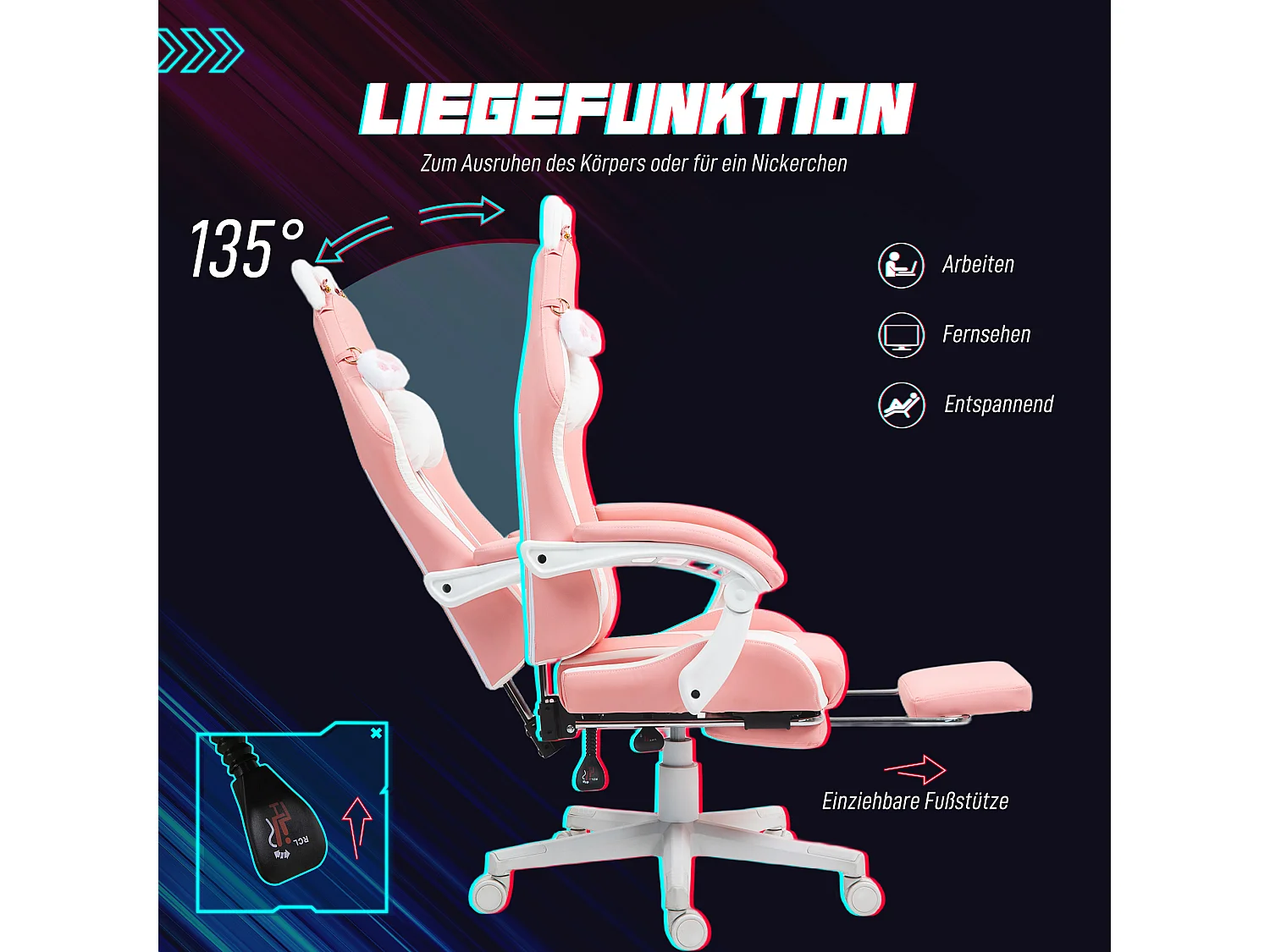 Chaise de gaming ergonomique avec soutien lombaire, repose-pieds, oreilles de chat, ajustable, cuir artificiel, rose (65x62x124 cm)