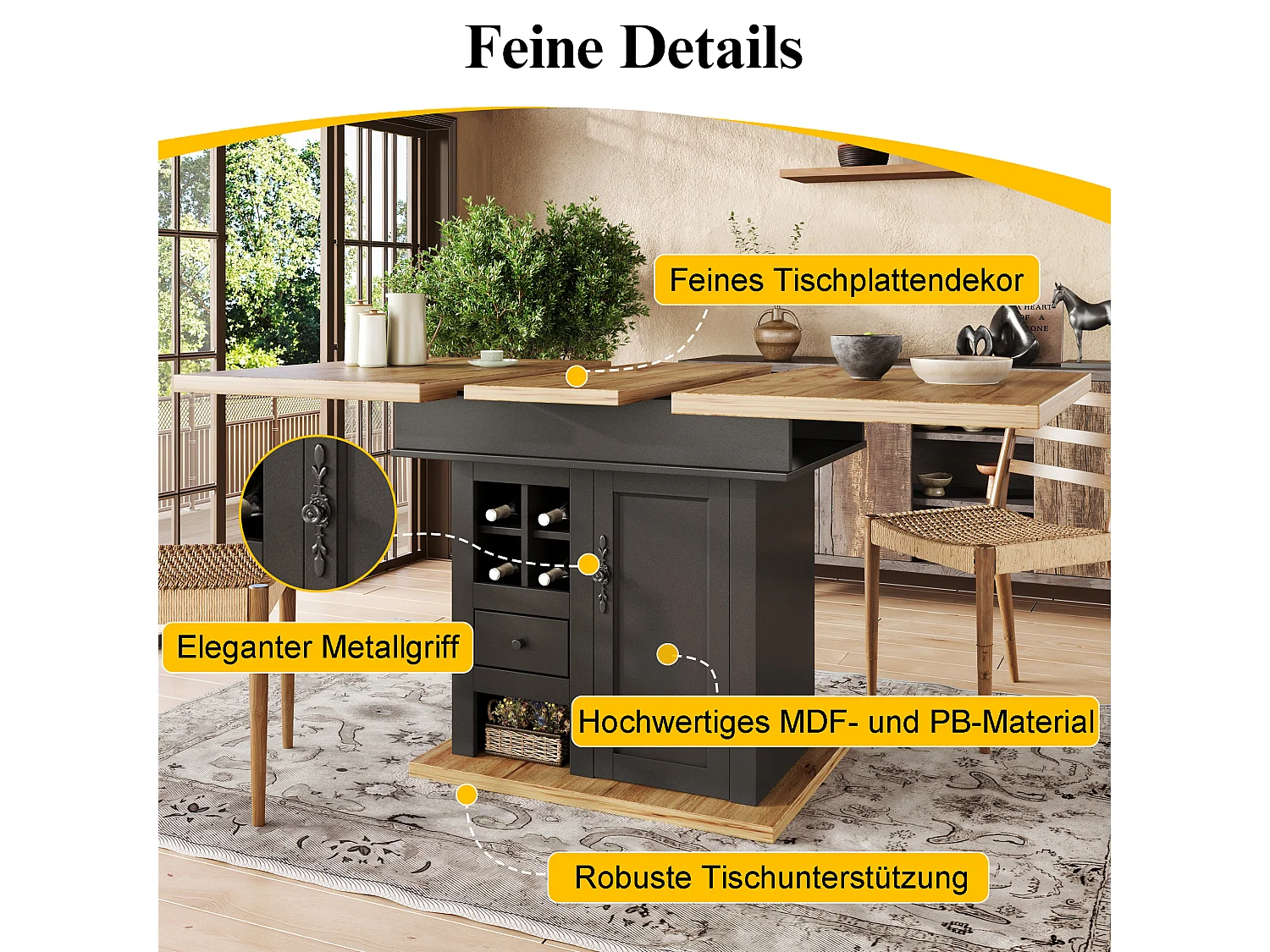 Table à manger télescopique (110-140x80 cm), table pliante pour 4-6 personnes, extensible, avec rangement pour vin et tiroirs, en noir (110-140x80x75 cm)