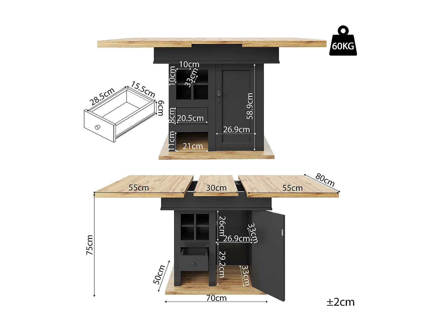 Table à manger télescopique (110-140x80 cm), table pliante pour 4-6 personnes, extensible, avec rangement pour vin et tiroirs, en noir (110-140x80x75 cm)