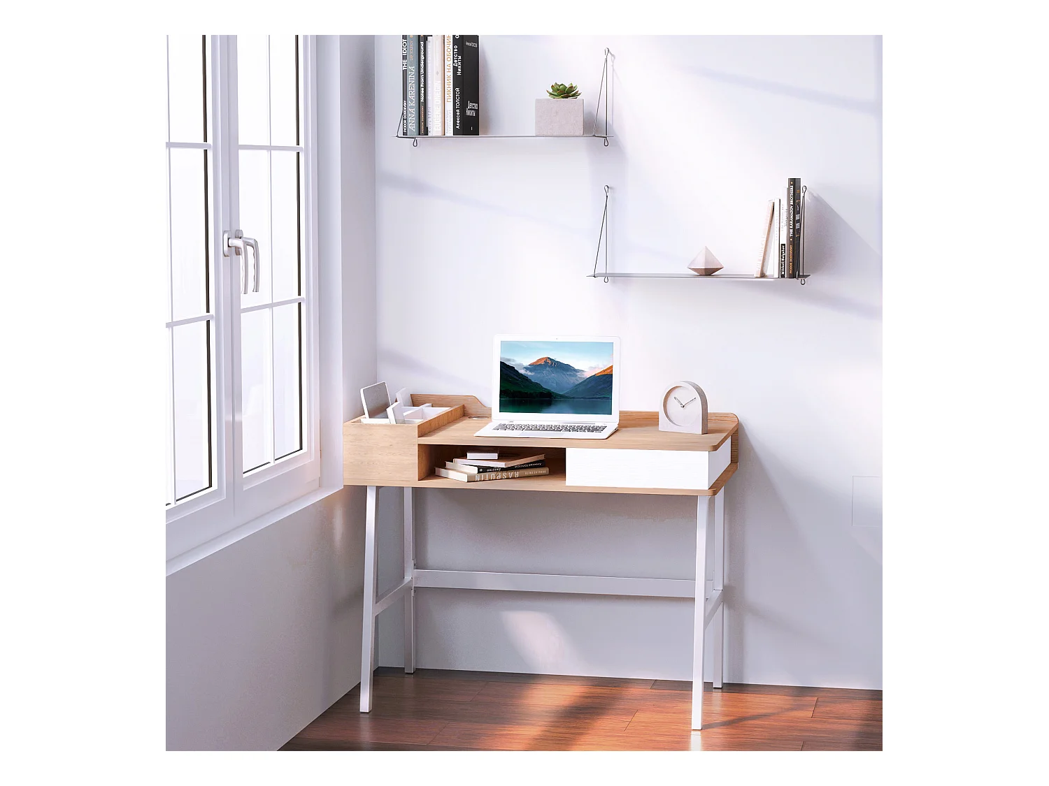 Bureau met lade en planken, MDF en metaal, industriële stijl, natuurlijk hout (100x55x81cm)