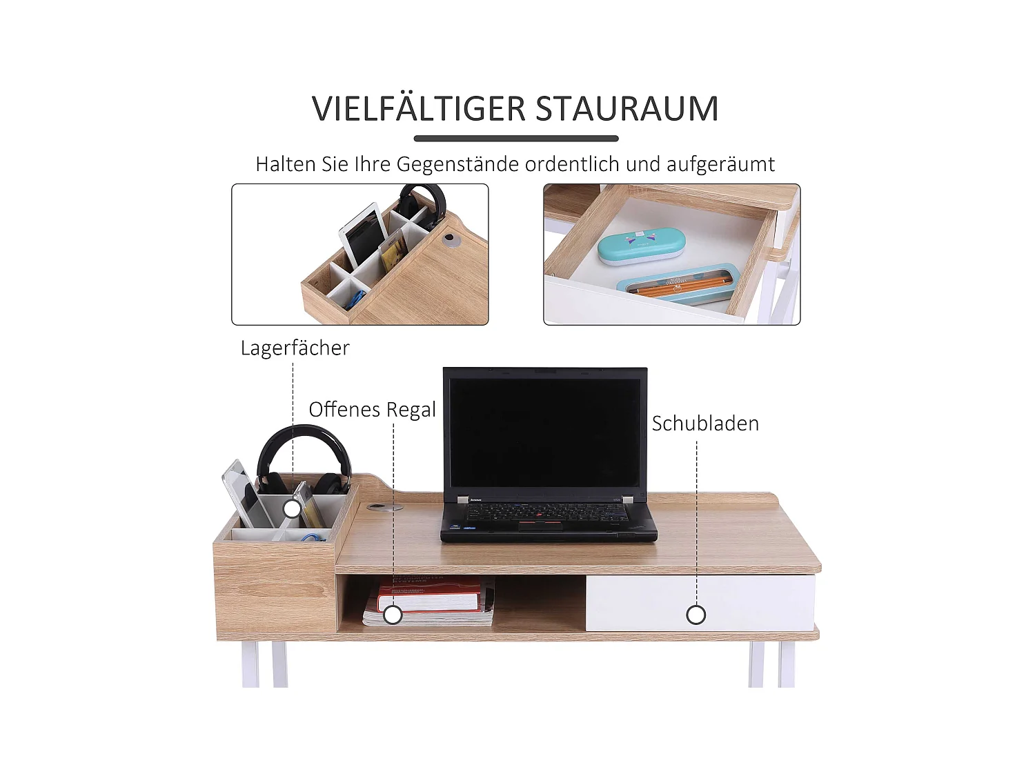Bureau met lade en planken, MDF en metaal, industriële stijl, natuurlijk hout (100x55x81cm)