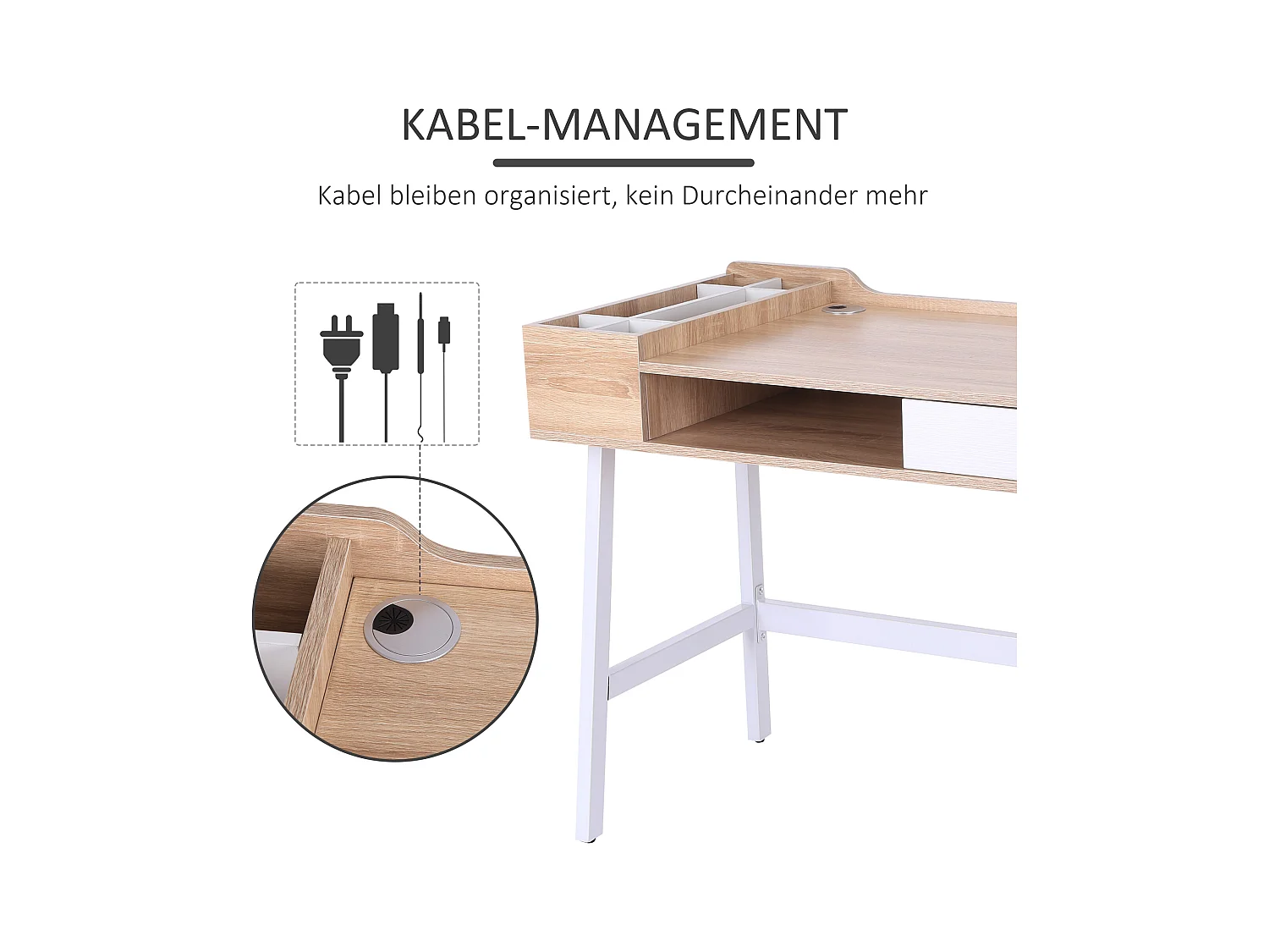 Bureau met lade en planken, MDF en metaal, industriële stijl, natuurlijk hout (100x55x81cm)