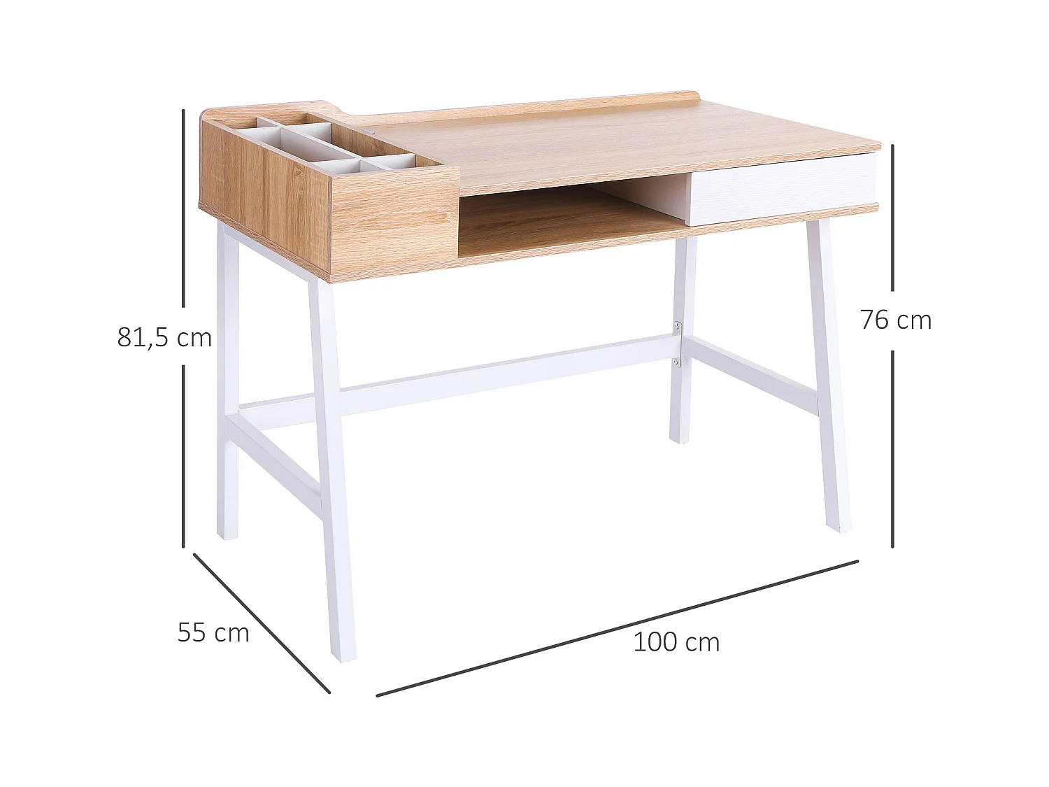 Bureau avec tiroir et étagères, MDF et métal, style industriel, bois naturel (100x55x81cm)