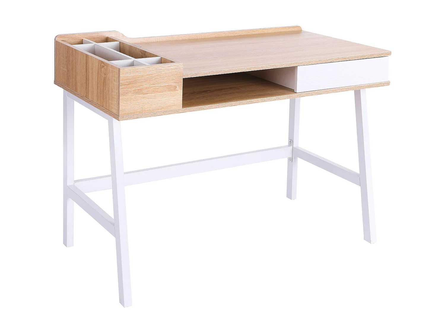 Bureau avec tiroir et étagères, MDF et métal, style industriel, bois naturel (100x55x81cm)