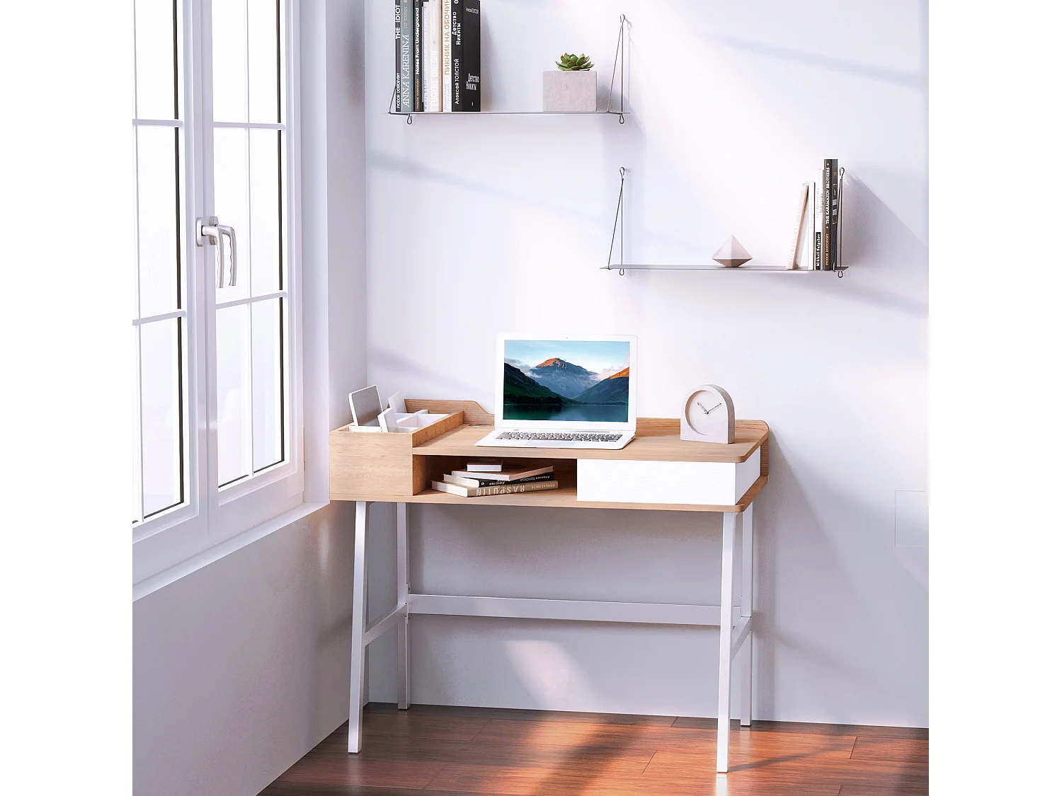 Bureau avec tiroir et étagères, MDF et métal, style industriel, bois naturel (100x55x81cm)
