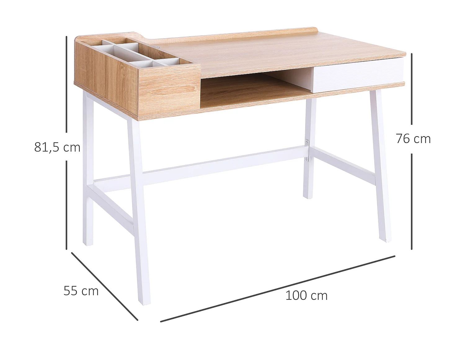 Bureau avec tiroir et étagères, MDF et métal, style industriel, bois naturel (100x55x81cm)