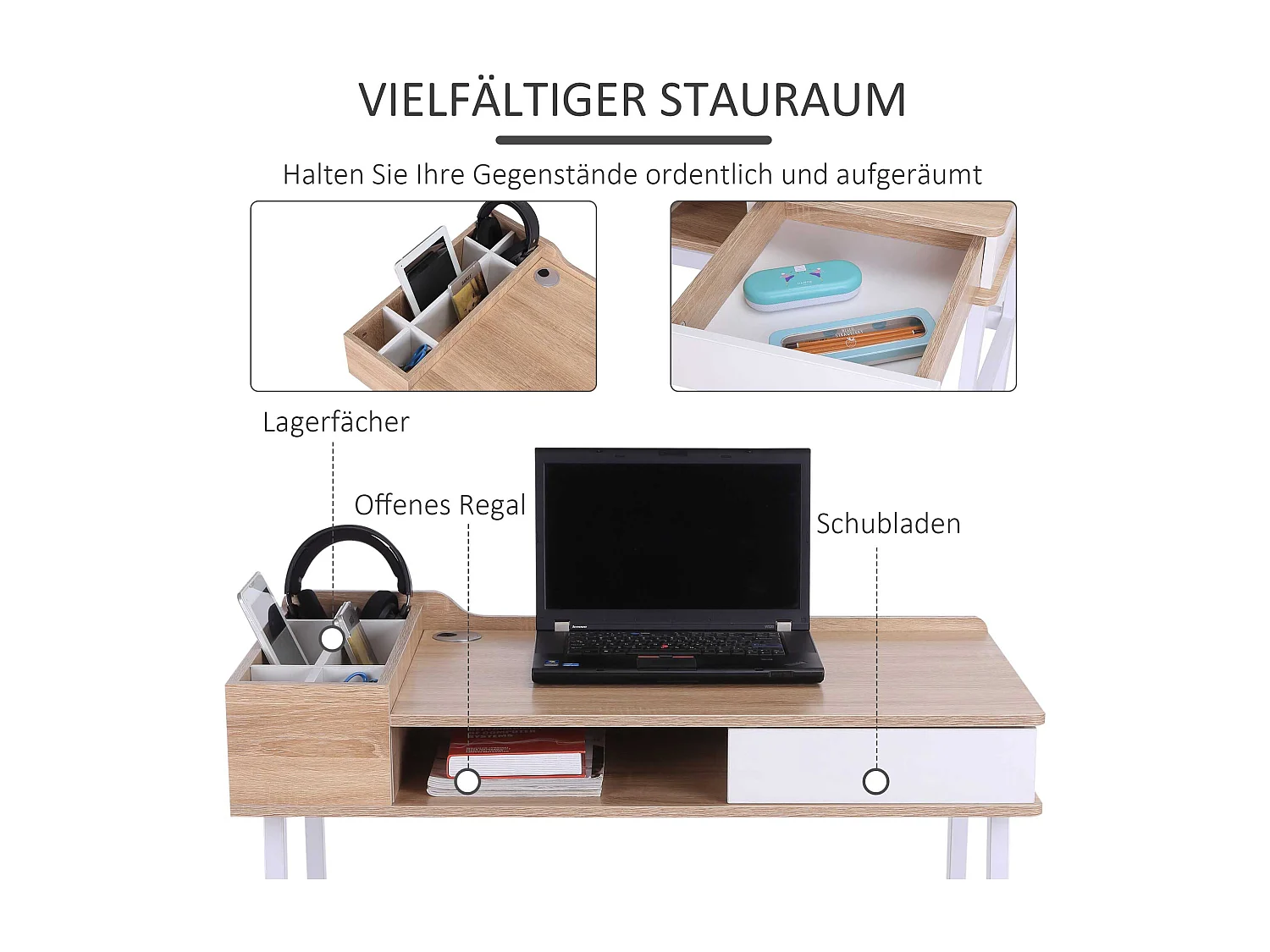 Bureau avec tiroir et étagères, MDF et métal, style industriel, bois naturel (100x55x81cm)