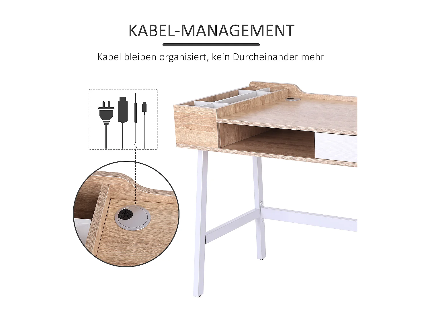 Bureau avec tiroir et étagères, MDF et métal, style industriel, bois naturel (100x55x81cm)