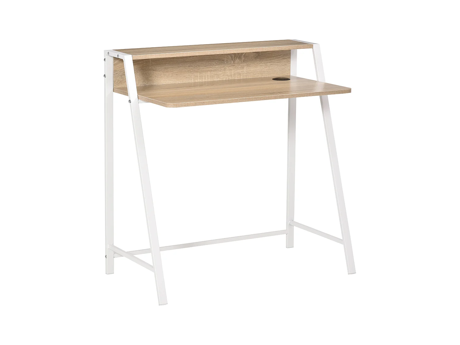 Bureau informatique moderne avec rangement et passe-câbles, MDF, blanc et chêne (84x45x85cm)