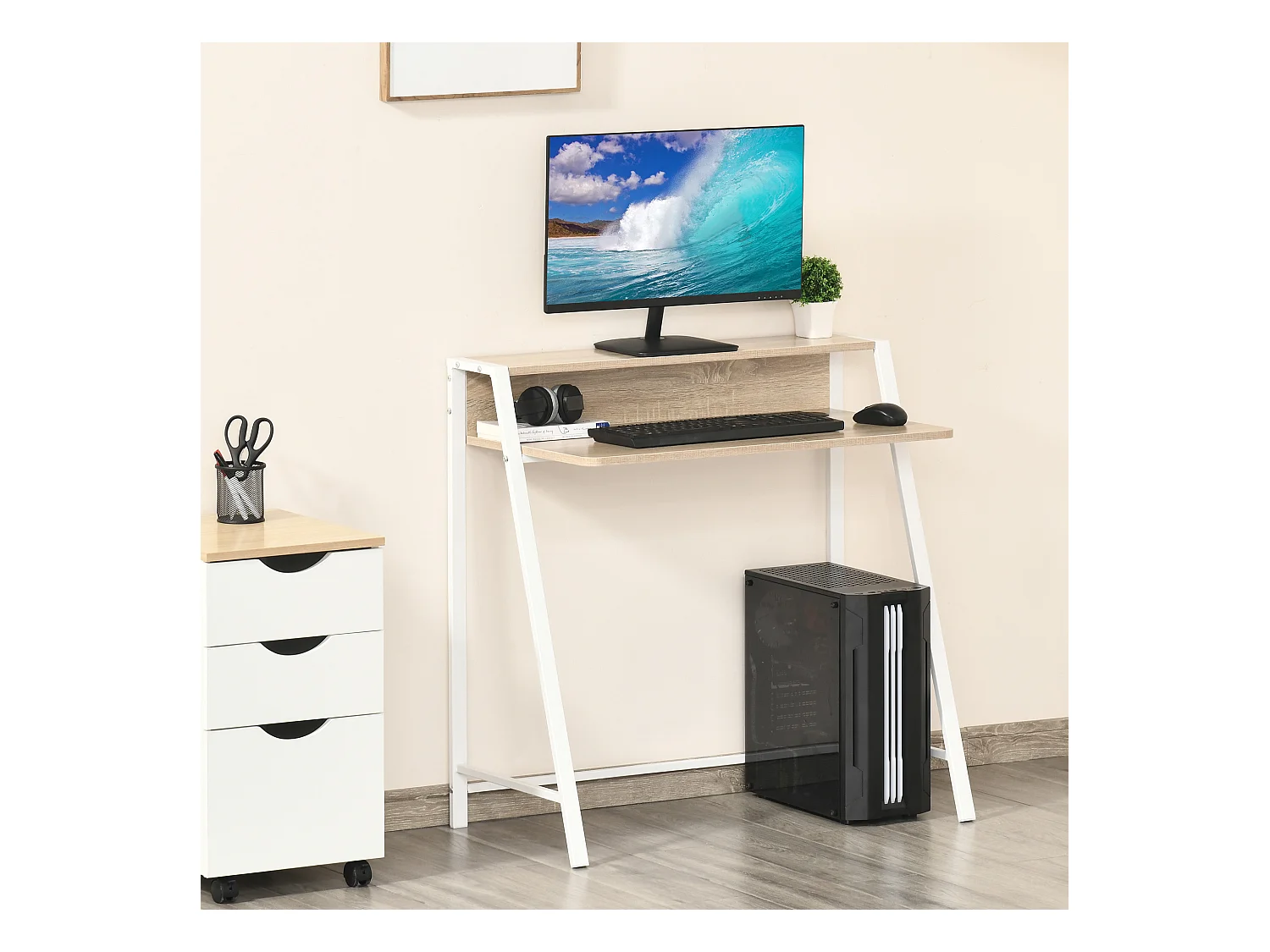 Bureau informatique moderne avec rangement et passe-câbles, MDF, blanc et chêne (84x45x85cm)