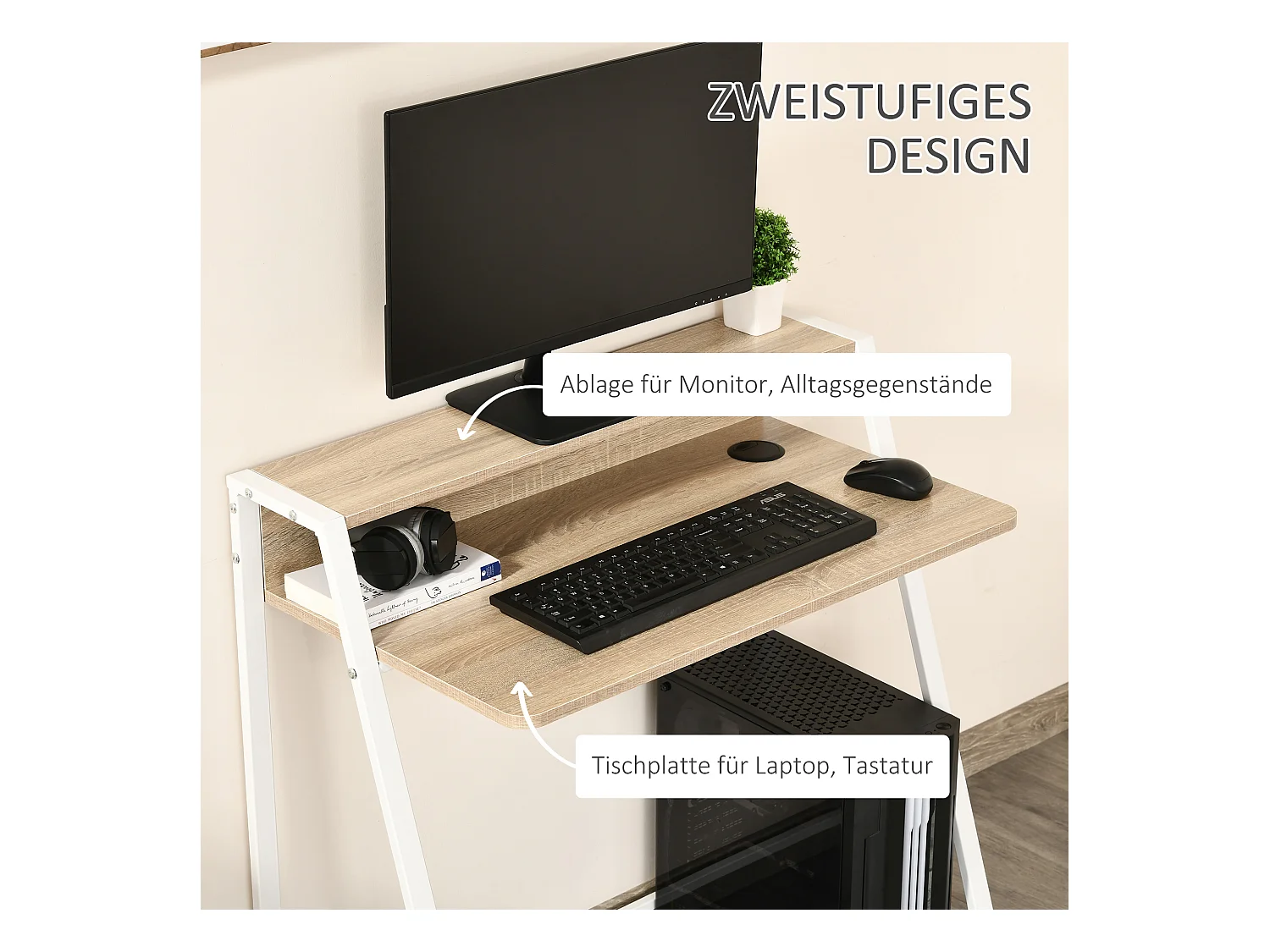 Bureau informatique moderne avec rangement et passe-câbles, MDF, blanc et chêne (84x45x85cm)