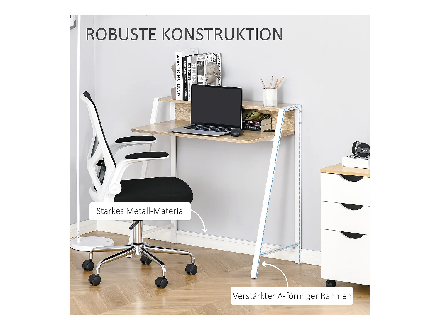 Bureau informatique moderne avec rangement et passe-câbles, MDF, blanc et chêne (84x45x85cm)
