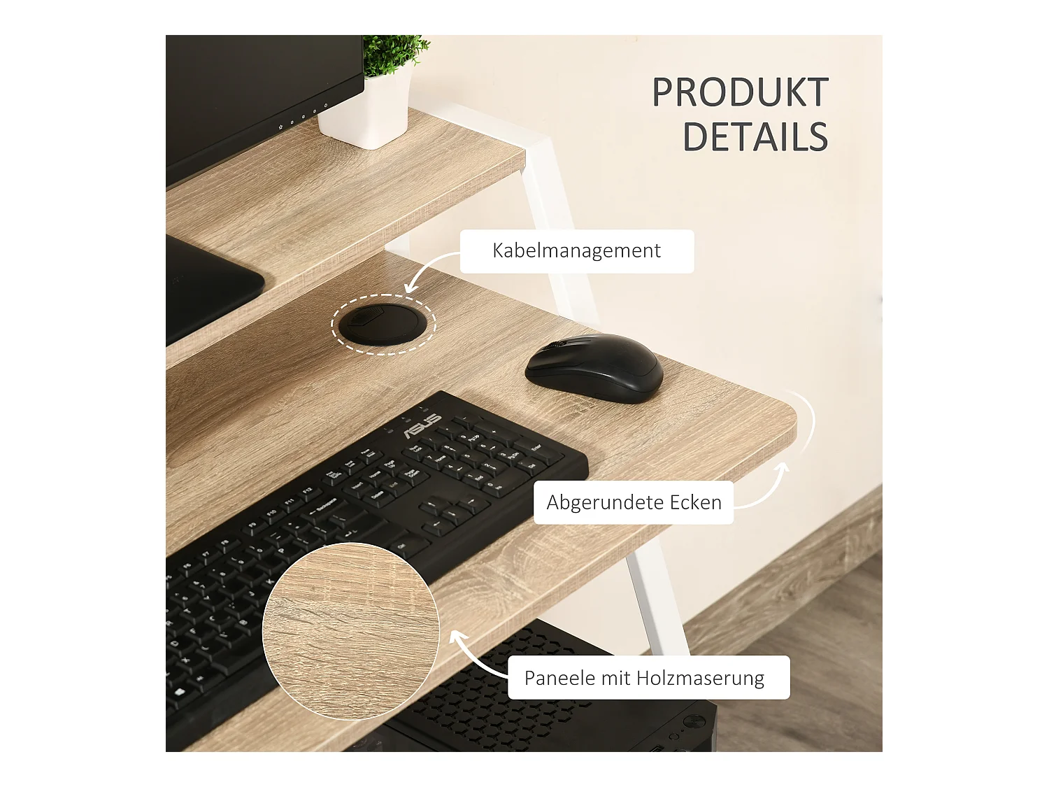 Bureau informatique moderne avec rangement et passe-câbles, MDF, blanc et chêne (84x45x85cm)