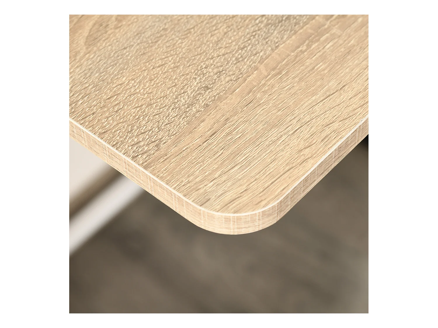 Bureau informatique moderne avec rangement et passe-câbles, MDF, blanc et chêne (84x45x85cm)